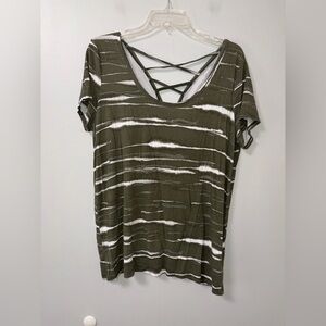 A.N.A Green Tie Dye Short Sleeve Scoop Neck Criss Cross Back Top Boho Stretch L